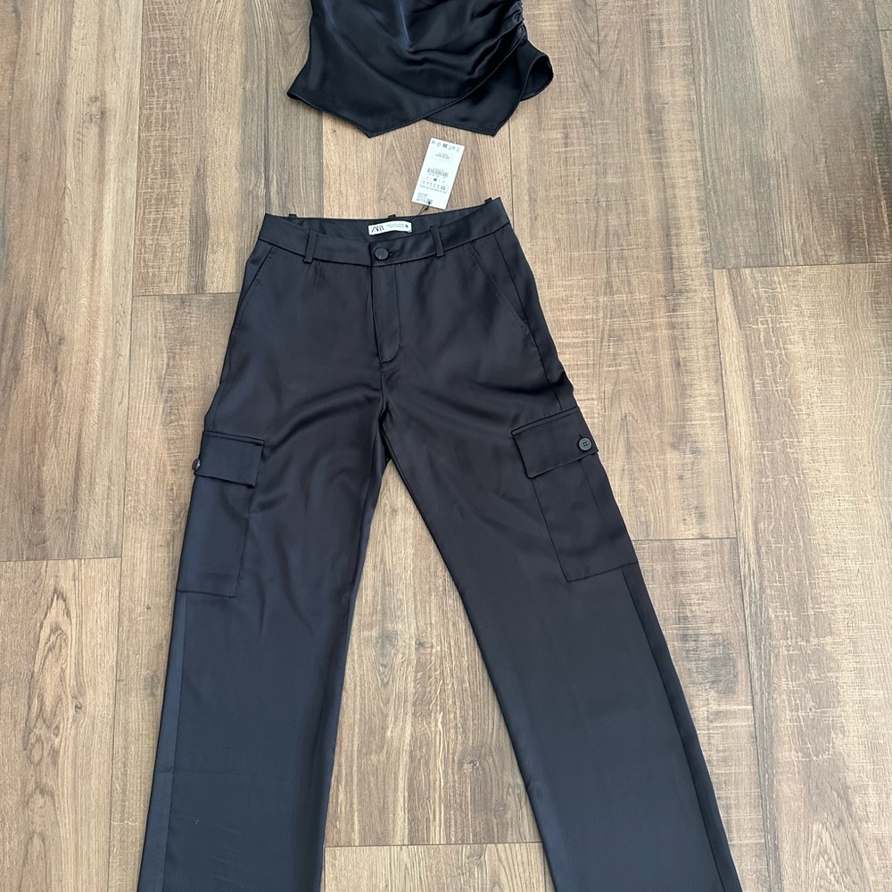 Black Satin Top and Cargo Pants Set
